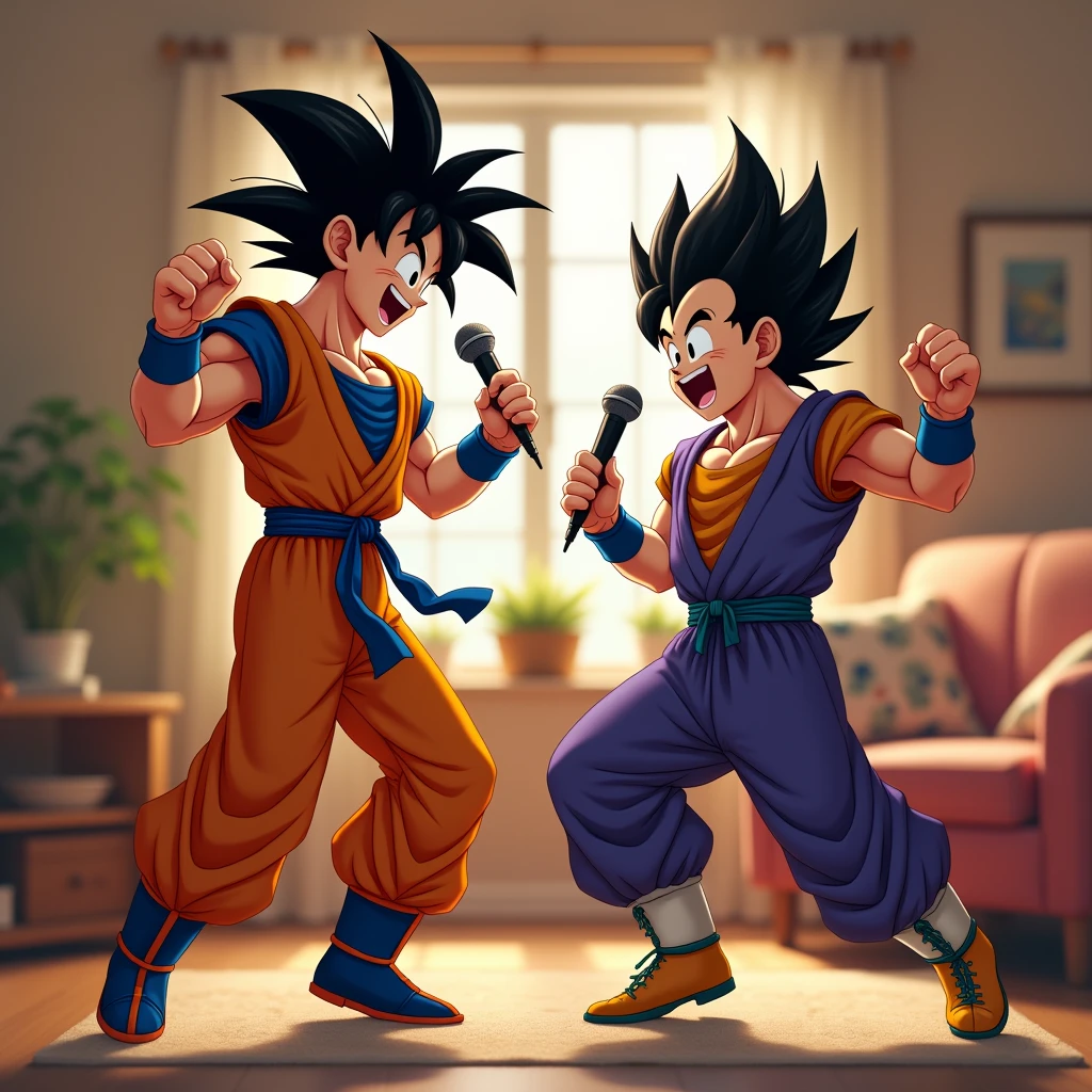Goku and Vegeta dancing in the living room with their microphone in their hands
