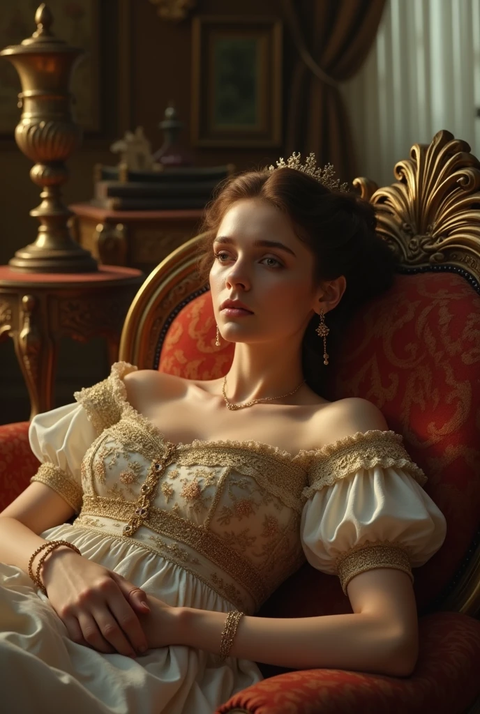 give me an image of a woman in the 19th century lying on the sofa, with selfish thoughts