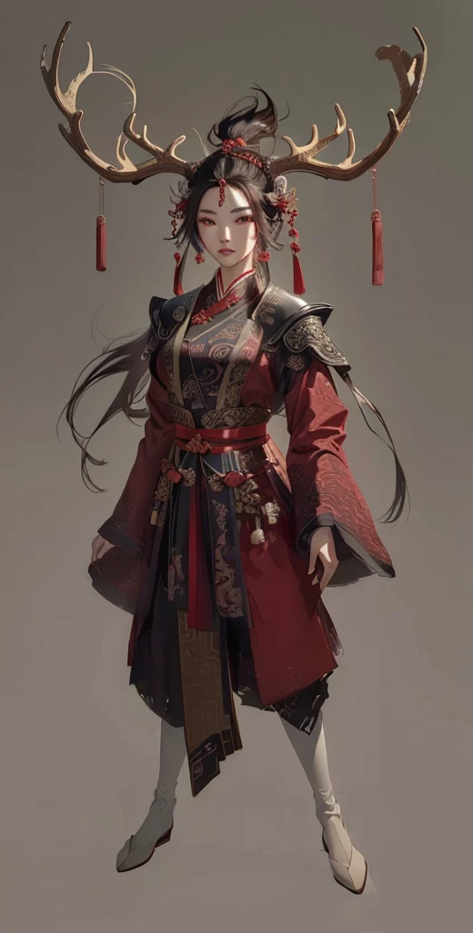 a woman in a red and black outfit with elk antlers on her head, beautiful character painting, by Yang J, epic exquisite character art, feng zhu concept art, stunning character art, by Lin Liang, amazing 8k character concept art, by Qu Leilei, palace, a girl in hanfu, by Feng Zhu, inspired by Feng Zhu, by Li Song, (masterpiece), best quality, expressive eyes, perfect face, xiuxian, chinagen, FantasyCore, Animal ear, (chinese woman with elk antlers and elk legs in a traditional chinese clothing), masterpiece, best quality, expressive eyes, perfect face, full body, dnd character design, female, girl, dnd, great quality, amazing detail, realistic, feminine, eyelashes, eyeliner, niji, beautiful, detailed highest, detailed texture, deer ears, deer hooves, deer feet, deer tail, hoof, Detailed Fur, 3d Render, Photorealistic, pretty, deer, hooves, eastern clothing, 1girl, furry female, antlers, elk antlers, high contrast, long sleeves, wine purple, brown and red clothes color, jewelry, deer legs, shoulder armor, ancient chinese hairstyle, Cervid, Deerfolk race, d&d, archeology professor, ribbons, fantasy race, faun, shoulder pads, hanfu, chinese clothes, hair ornament, hair bun, smart, professor, teacher, chinese scholar, chineses hair crown, hair up, body fur, ancient, oriental, eastern, ancient chinese female hairstyle, older, lady, gray background, respected, glasses, monical