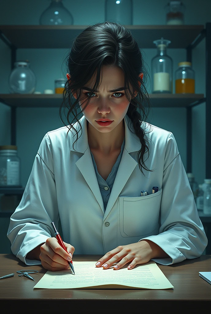 Generates a scientific, that is realistic but not too much, In a clue type letter, Let the background be Mysterious in a laboratory,That the scientist is as worried, that focuses on just her, Let it be pretty and let the face be seen and be straight