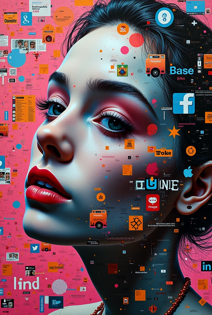 Create a pop art piece that criticizes the excessive consumerism of social networks, screens and use of cell phones computers.
