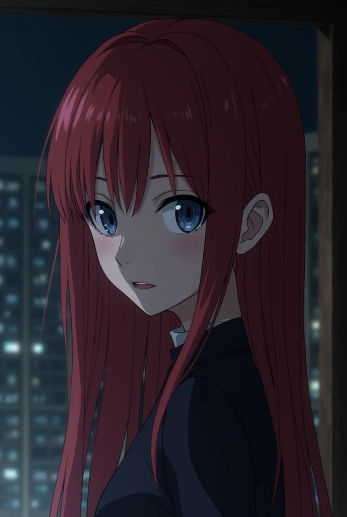 Attack on Titans screencap of a beautiful asian woman with long thick red straight hair, Her left eye is Blue and the right eye is gray, pale skin, a long oval face. She is a Kuudere. Scenery is at her home by night. WIT studio season 3 screencap