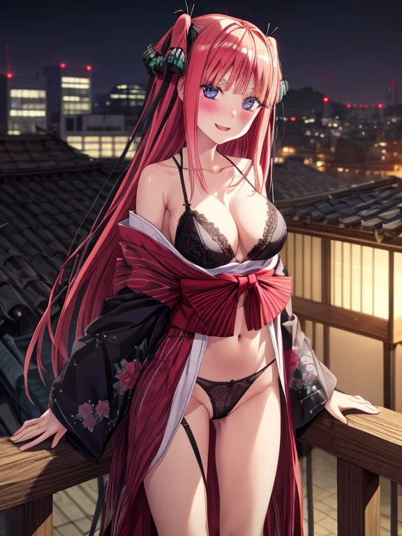 best quality, insanely detailed, nino nakano, breasts, blush, looking at viewer, cheerful eyes, arousal, kimono, highleg kimono, tight kimono, pussy, roof top background, lingerie