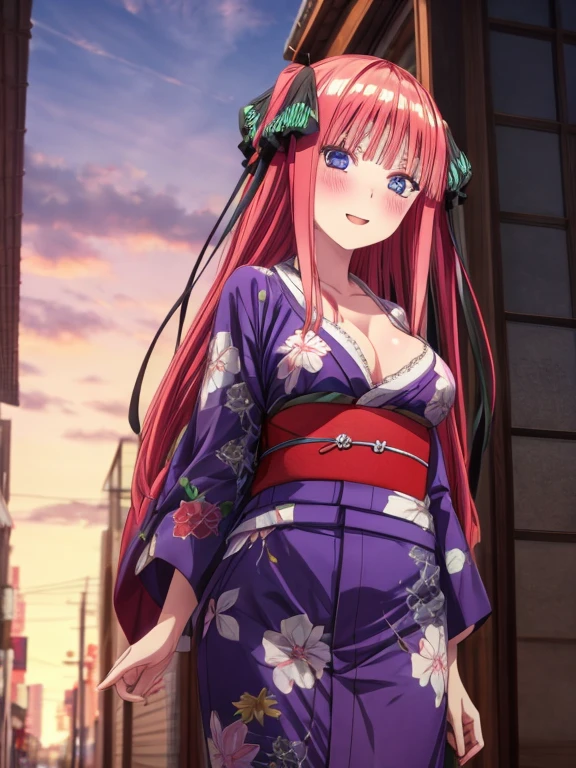 best quality, insanely detailed, nino nakano, , blush, looking at viewer, cheerful eyes, arousal, kimono, highleg kimono, tight kimono, , roof top background, 