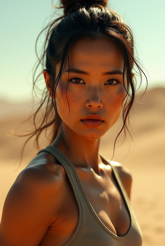 Asian women ,sweating ,wearing a tank top ,desert background