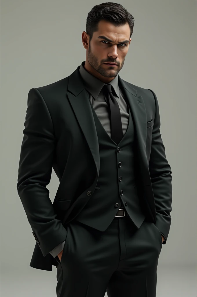 Tall man dressed in a suit, Wide back, muscular, Serious and sexy profiled face with a penetrating look