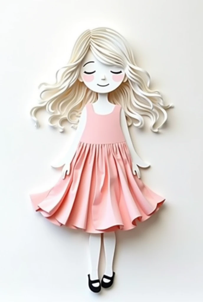 Create layered paper art of a white girl with wavy hair in a pink dress with little black shoes on a white background