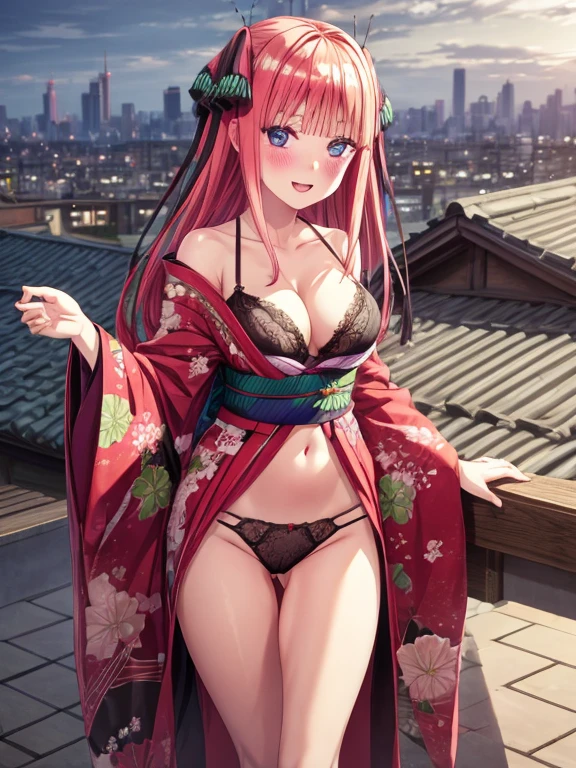 best quality, insanely detailed, nino nakano, breasts, blush, looking at viewer, cheerful eyes, arousal, kimono, highleg kimono, tight kimono, pussy, roof top background, lingerie