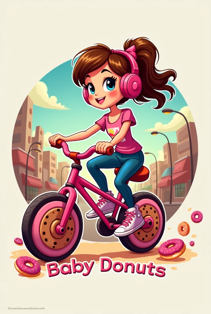 Well, I want a logo for a cake shop that has the word baby donuts as a reference, with a young teenage girl in the background on a bike with donut wheels and donut headphones, to make it more colorful and eye-catching for all types of audiences.