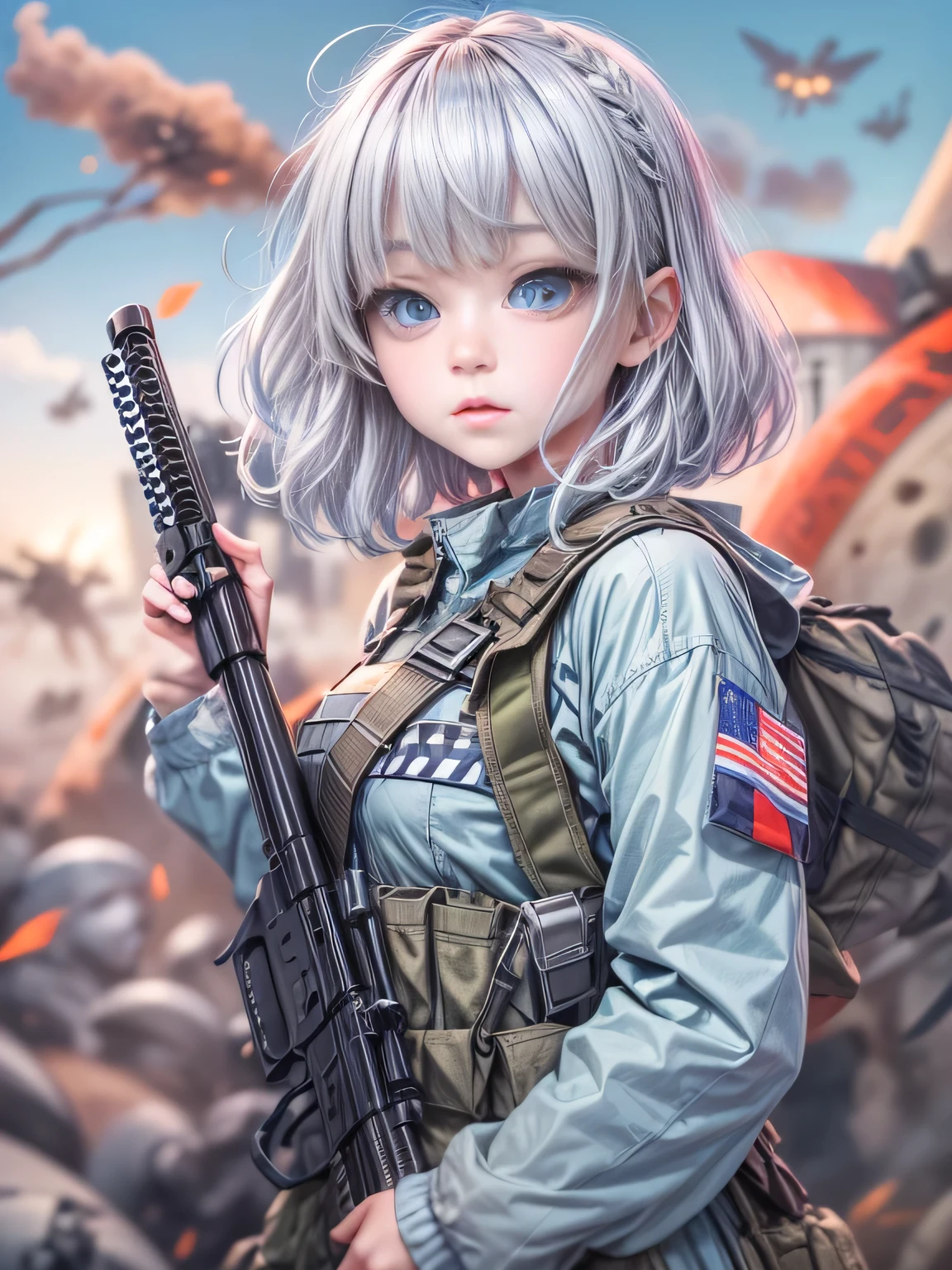 8k.Half Russian and half Japanese、Russian face、beautiful girl、princess、、Small face、Young face、Big eyes、Skinny、Small breasts、(((Silver Hair、Silver Hair)))、With bangs、(((High resolution big beautiful light blue eyes, )))、Shortcuts、Bobcut、Partially braided、uniform、US military、Camouflage、The enemy is alien、((Fantasy、Spider Alien))、Scenery of the battlefield、燃え盛るbattlefield、bombing、A large number of soldiers、Alien Hordes、battlefield、(((Shoot a gun)))、Run、Uplifting