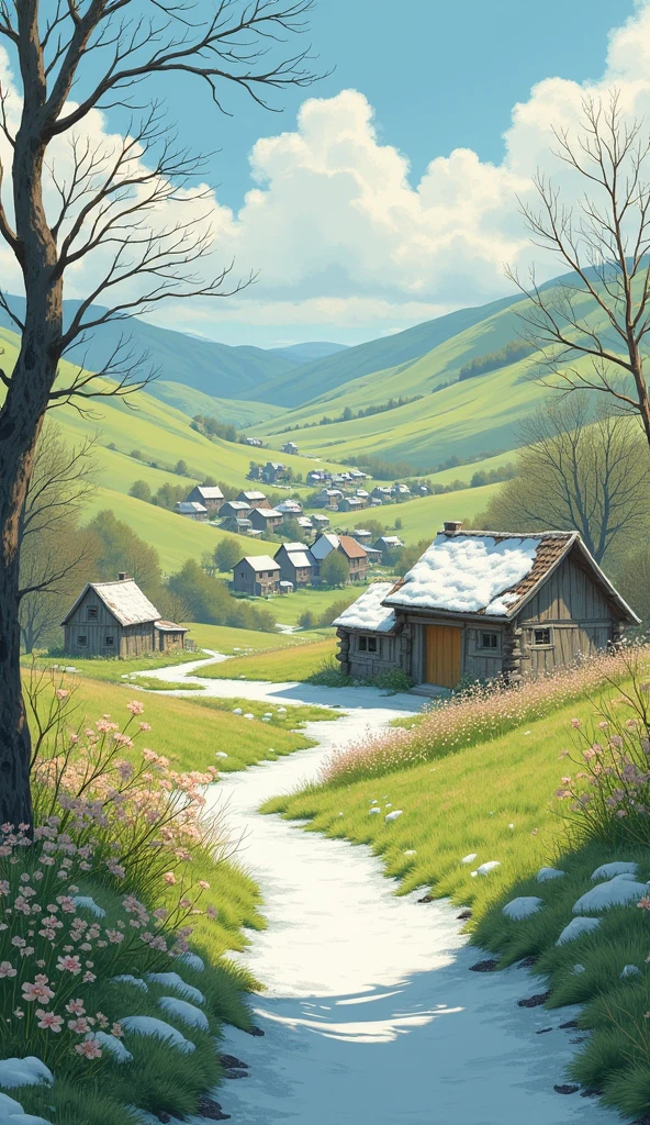 The village in early spring, the snow melting and flowers beginning to bloom.