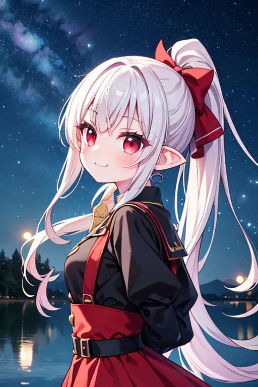 Break Bloodfallen, Break costume, ponytail, Outdoor, (night, Starry Sky:1.2), masterpiece, Put your arms behind your back, Highest quality, One girl, whole body, Mouth closed, lake, reflection, Outdoor, formula wallpaper,smile, Mischievous, Ears are red, 