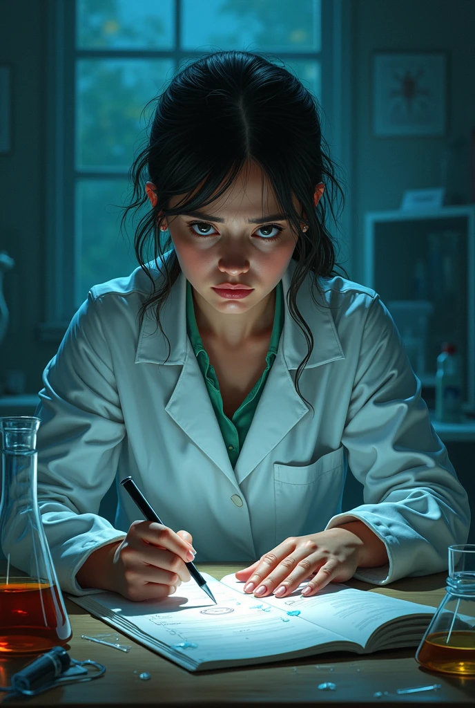 Generates a scientific, that is realistic but not too much, In a clue type letter, Let the background be Mysterious in a laboratory,That the scientist is as worried, that focuses on just her, Let it be pretty and let the face be seen and be straight, more mysterious and dark