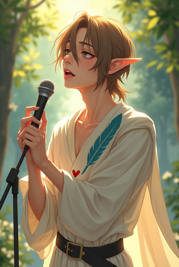 a young half-elf man with delicate, feminine features and shoulder-length light brown hair wearing a white medieval tunic with a symbol of a light blue feather over a red heart drawn on the clothes at chest height, singing.
 anime style
