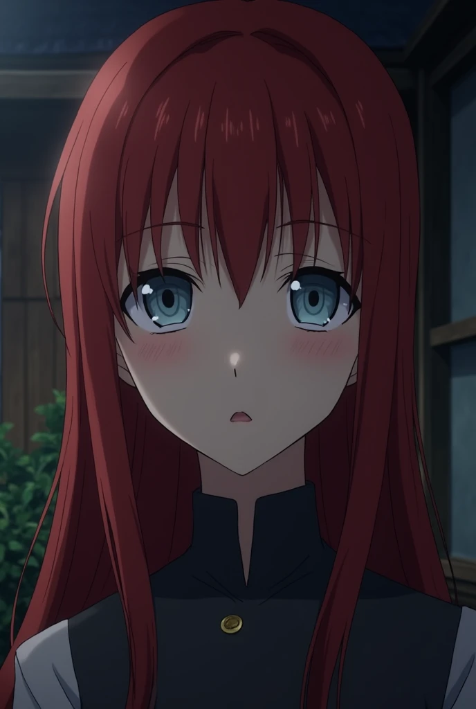 Attack on Titans screencap of a beautiful asian woman with long thick red straight hair, Her left eye is Blue and the right eye is gray, pale skin, a long oval face. She is a Kuudere. Scenery is at her home by night. WIT studio season 3 screencap