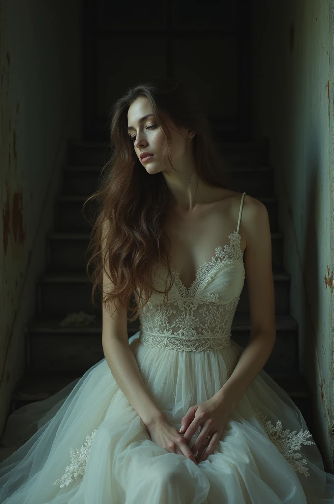 Sad woman in wedding dress long brown hair
