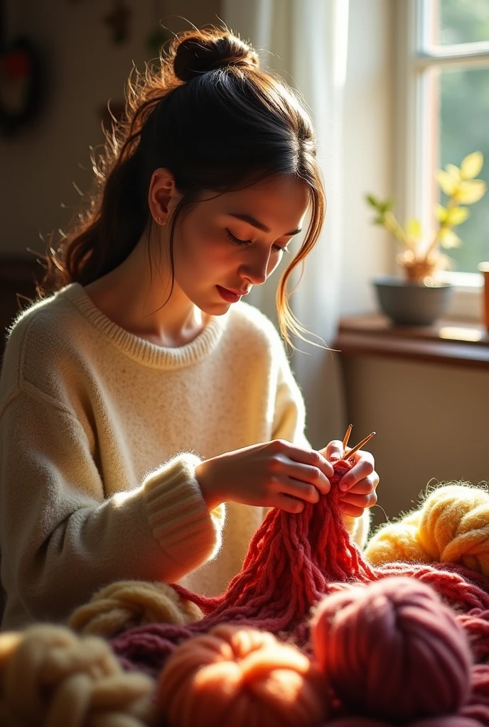 A woman knitting clothes with wool