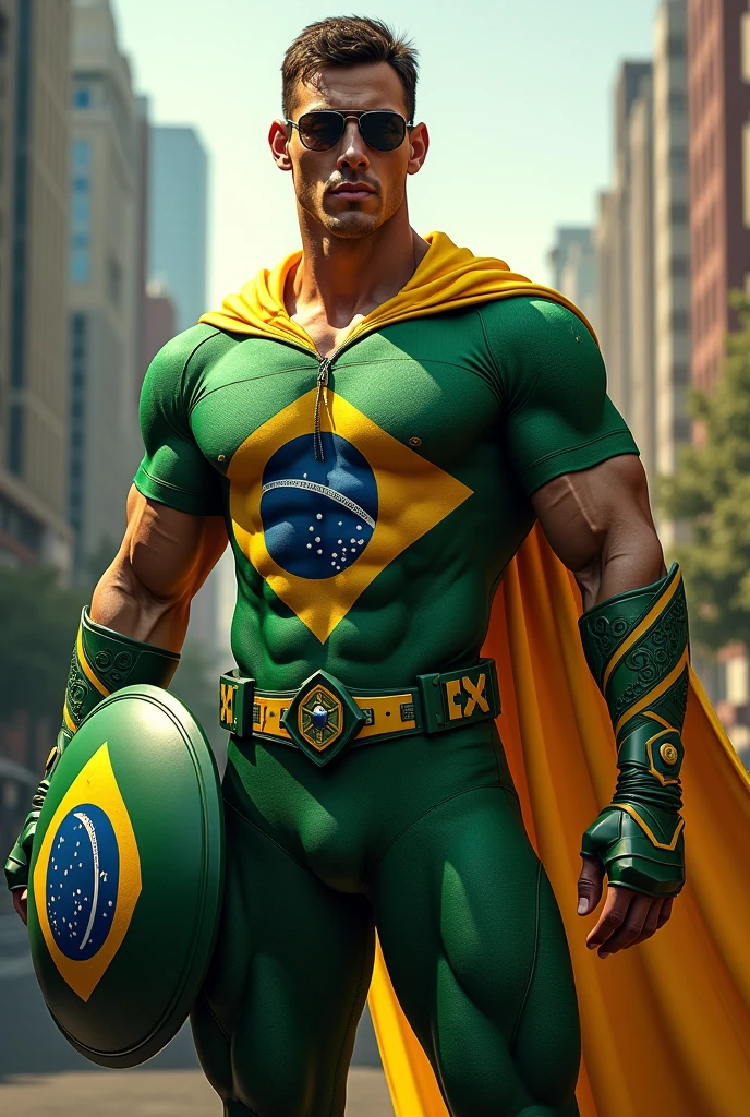 Create an image of a Brazilian superhero with the appearance of Charles Evangelista, wearing a costume inspired by the colors of the Brazilian flag: green, yellow, blue, and white. He has no mask and is shown in a frontal pose, looking confident. He carries a round shield with a design resembling the Brazilian flag symbol. The background features a vibrant urban cityscape.