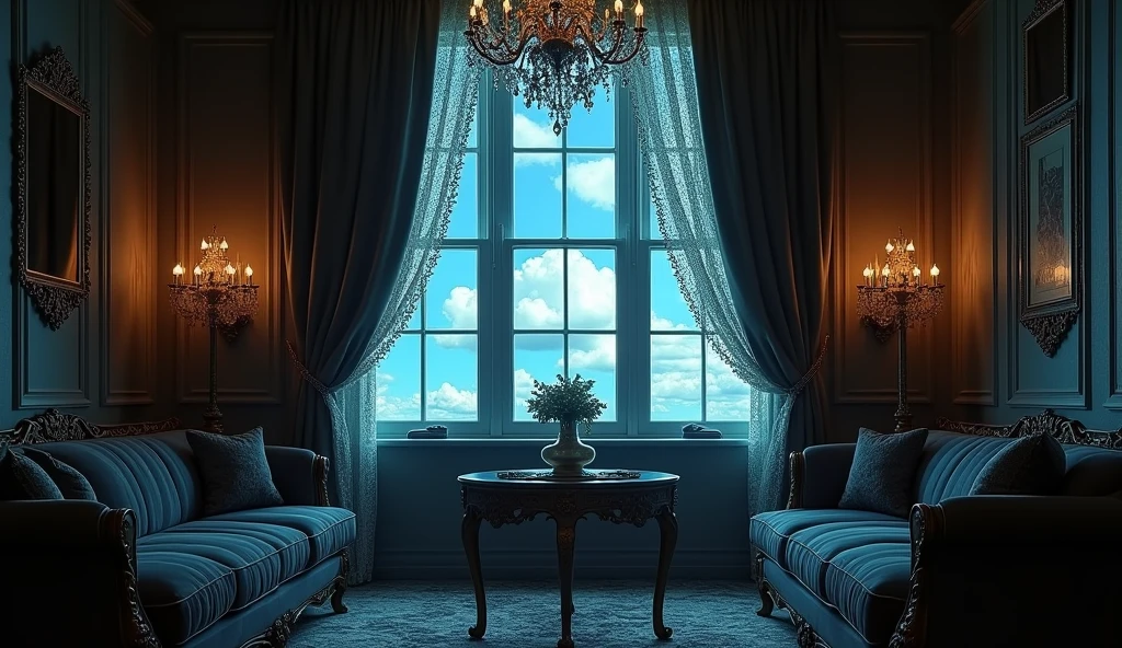 room with lace curtains, elegant, a mirror in the sky, bdsm, without people