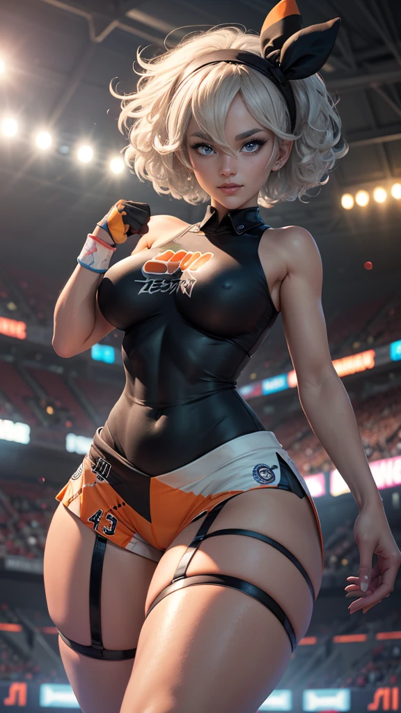 Bea da pokemon,(best qualityer,4K,8k,high resolution,work of art:1.2)(weather: windy), sport stadium background, short curly hair, cropped shirt, micro shorts, thigh high stockings, garter belt, pokeball, headband, gloves, leotard, ultra detailed,realisitic,beautiful detailed blue eyes,beautiful detailed lips,extremely detailed eye and face, long eyelashes,sexly,average,large breasts,flying hair,beaming smile,powerful girl in a combat, celebrating, bright coloured, dramatic lighting,