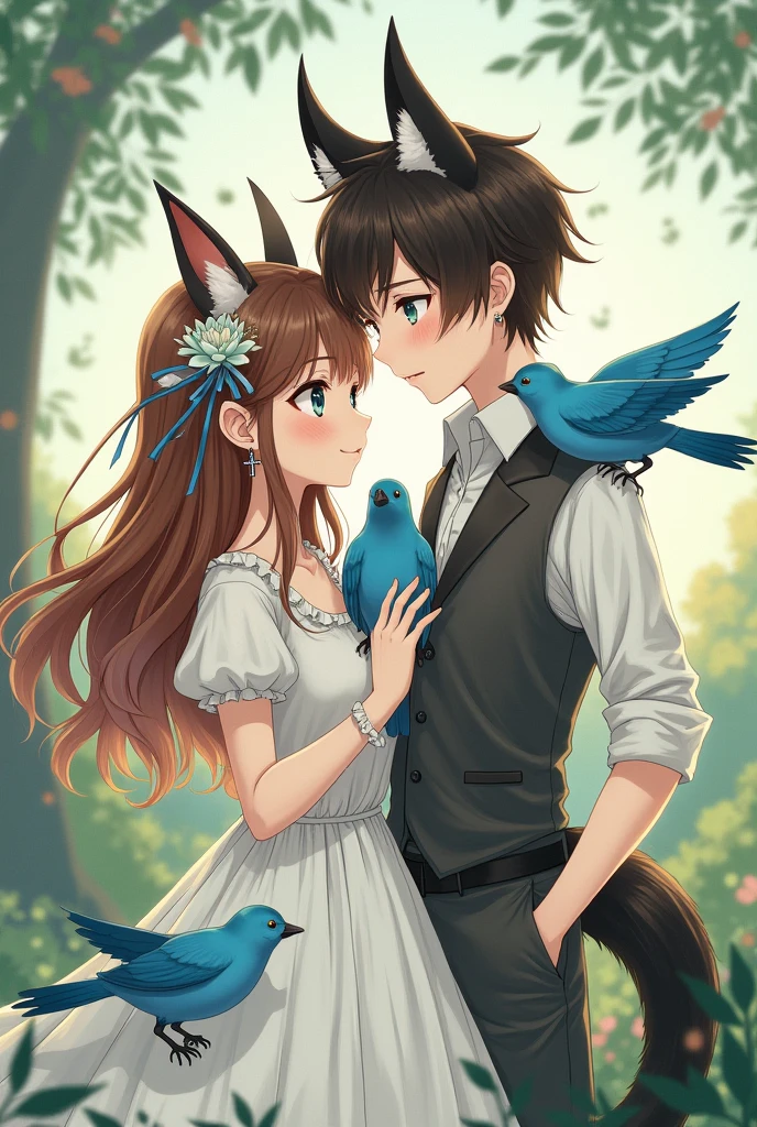 Brown-haired girl, sky blue birds, Baltic and black horn and black and white scorpion tail, with her brown-haired boyfriend, fox eyes , black tail, a cross earring in the ear anime
