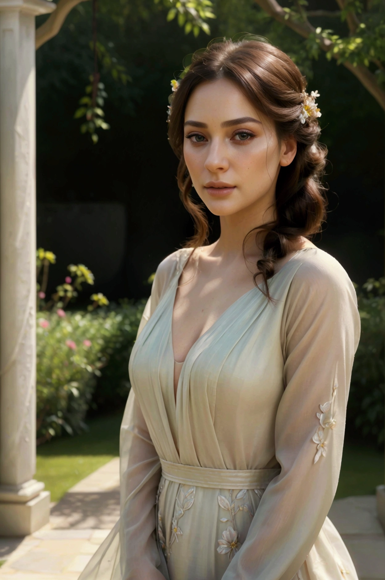 a beautiful woman, beautiful detailed eyes, beautiful detailed lips, extremely detailed eyes and face, long eyelashes, elegant hairstyle, flawless skin, serene expression, flowing dress, standing in a lush garden, warm sunlight, vibrant flowers, soft color palette, (best quality,4k,8k,highres,masterpiece:1.2),ultra-detailed,(realistic,photorealistic,photo-realistic:1.37),portrait,cinematic lighting