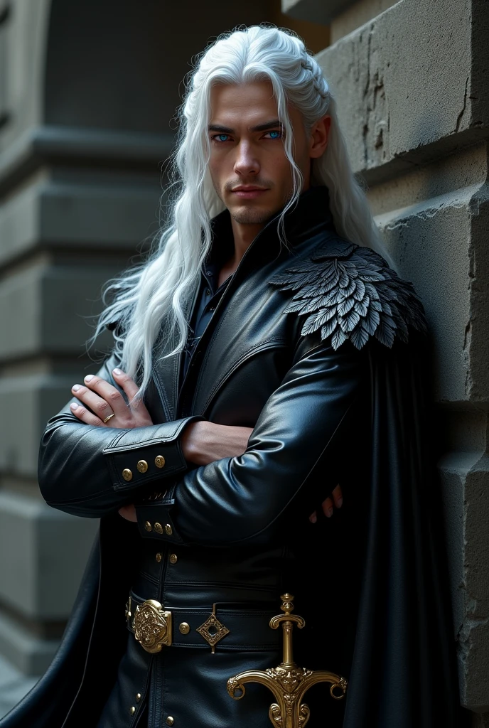Create a powerful and beautiful prince of hell with lilac eyes and long white hair with some braids, Put on him black leather clothing with leaf-shaped shoulder pads that fall over his arms and a black cape and on his hip he has a golden sword. That he is leaning against a wall, crossing his arms and has a captivating smile.. 