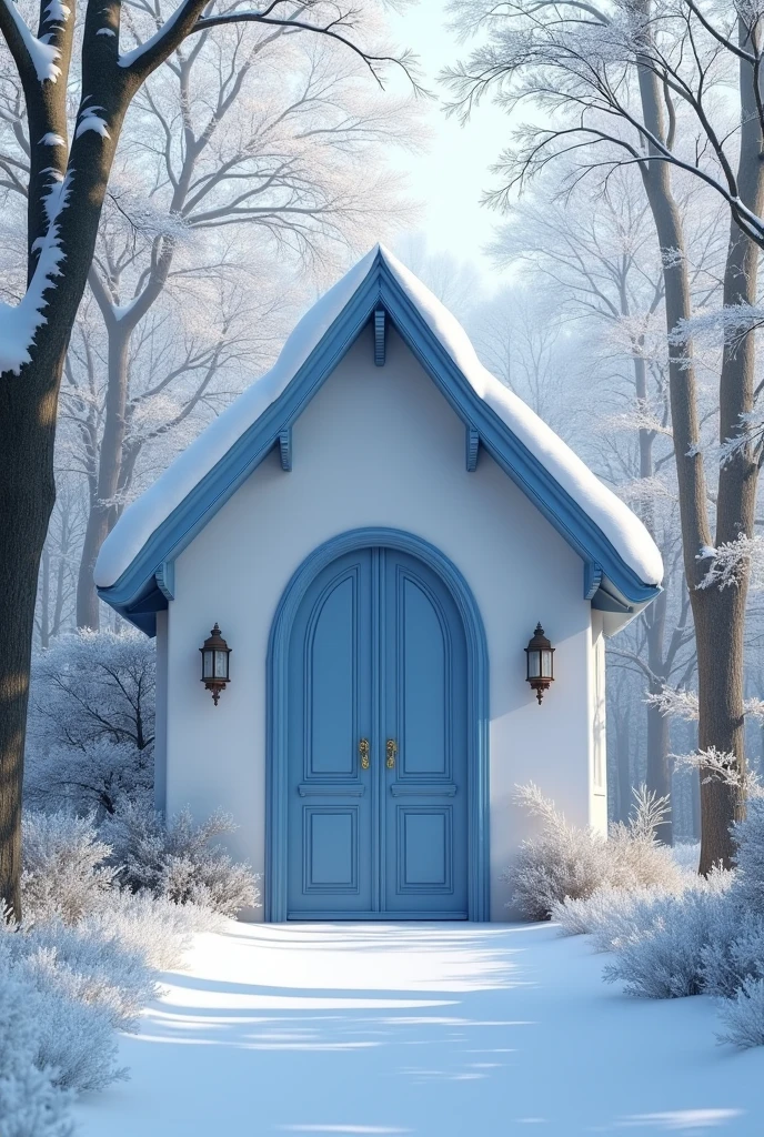 White forest house with blue doors
