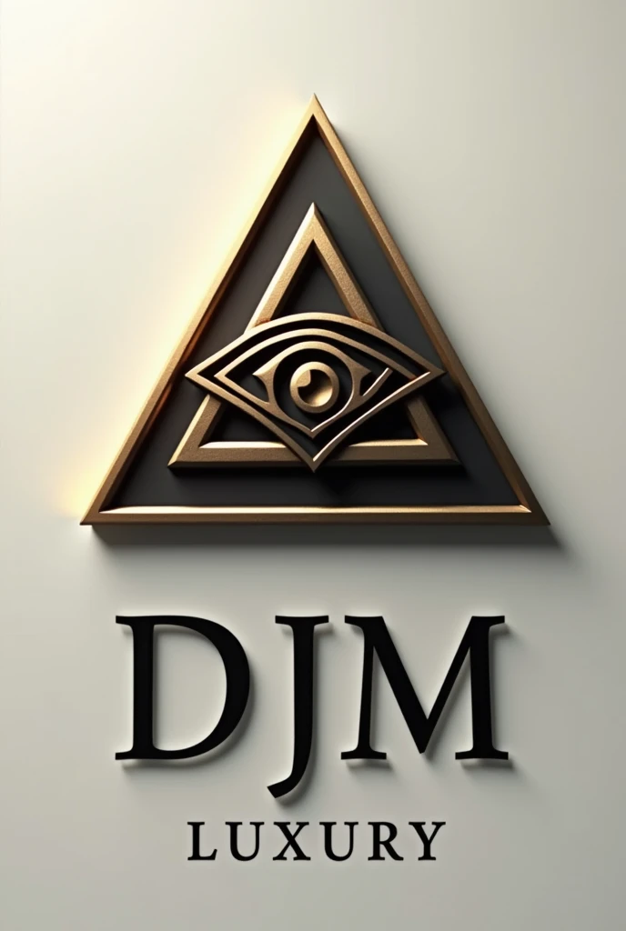 Create a logo of a triangle that contains the letters djm inside the triangle, an illuminati eye and that below it says djm luxury and that the font of the letters is with a luxury style