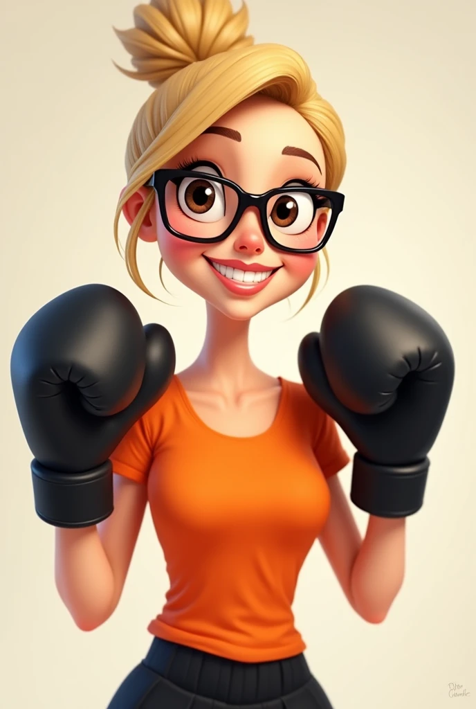young adult blonde with high bun, pretty, beautiful woman, medium square glasses, brown eyes, slightly long face, big forehead, long chin, chubby nose, wears an orange t-shirt, hands with black boxing gloves, happy and smiling and having fun , pixar version
