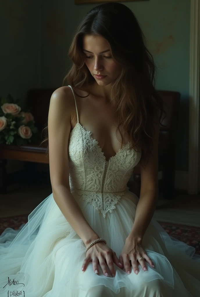 Sad woman in wedding dress long brown hair