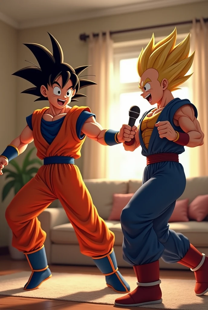 Goku and Vegeta dancing in the living room with their microphone in their hands