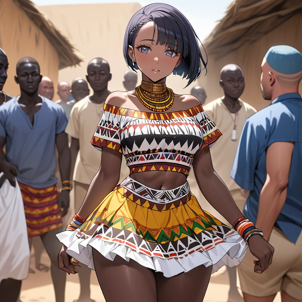 ((Highest quality)), ((masterpiece)), (detailed), （Perfect Face）、The woman is in a village in Ghana, together with other village girls, having fun having sex with the men in the village.、The woman is a Ghanaian born Tsukino Usagi with a vivid dark skin, black by birth, and is wearing a colorful Ghanaian dress from a Ghanaian village, a colorful turban head scarf, gorgeous jeweled accessories, and an engagement ring.、The woman is the elegant Tsukino Usagi, with her short black afro hair tied up in a Ghana braid, wearing a colorful Ghanaian dress and a colorful turban head scarf, with vibrant dark brown skin, a natural-born black person, and a natural-born Ghanaian, Tsukino Usagi.、（The woman is a black Ghanaian with vivid dark brown skin.）、The woman is in a village in Ghana, together with other village girls, having fun having sex with the men in the village.