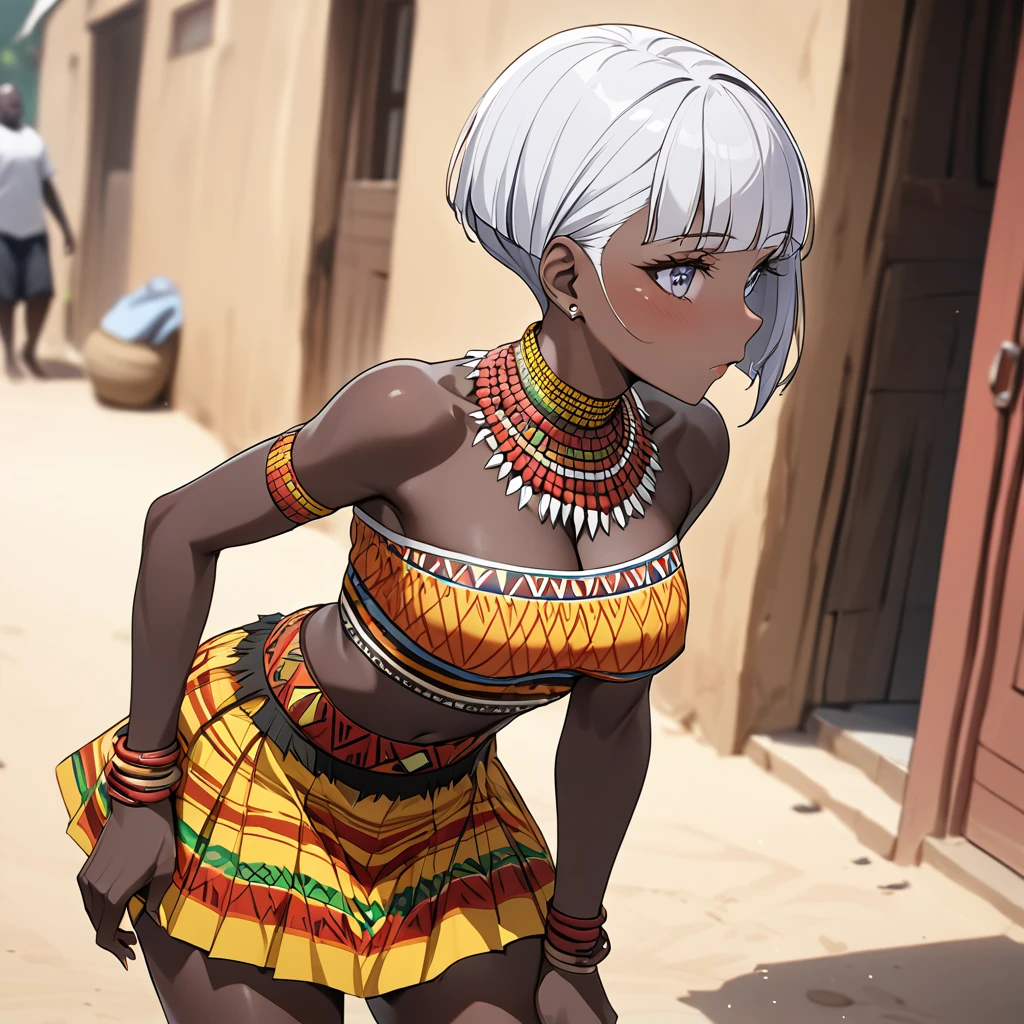 ((Highest quality)), ((masterpiece)), (detailed), （Perfect Face）、The woman is a skinhead named Aoki Reika, a Ghanaian with black skin and a skinhead, from the indigenous people of Ghana, Africa.、The woman was given a skinhead and dressed in a tribal dance costume from the indigenous people of Ghana, Africa.