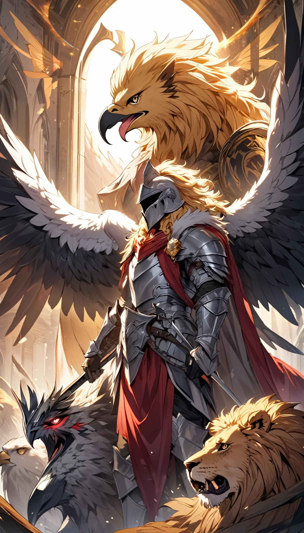 Fantastic mythical fantasy, Holy Knight, Eagle-head helmet, Lion mane decoration, A cloak woven from lion fur, Eagle wings growing from his body, An absurd mistake, Griffon&#39;s Protection, BREAK Create a character that is an aesthetic fusion with Griffin, Granting Divine Charm, Transparency that maintains originality, Dynamic combat motions, 