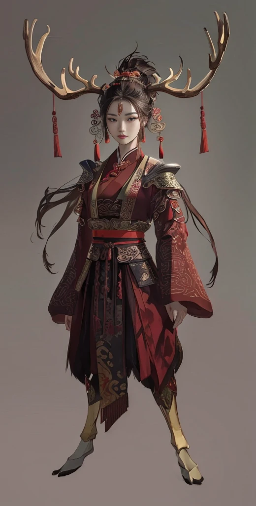 a woman in a red and black outfit with elk antlers on her head, beautiful character painting, by Yang J, epic exquisite character art, feng zhu concept art, stunning character art, by Lin Liang, amazing 8k character concept art, by Qu Leilei, palace, a girl in hanfu, by Feng Zhu, inspired by Feng Zhu, by Li Song, (masterpiece), best quality, expressive eyes, perfect face, xiuxian, chinagen, FantasyCore, Animal ear, (chinese woman with elk antlers and elk legs in a traditional chinese clothing), masterpiece, best quality, expressive eyes, perfect face, full body, dnd character design, female, girl, dnd, great quality, amazing detail, realistic, feminine, eyelashes, eyeliner, niji, beautiful, detailed highest, detailed texture, deer ears, deer hooves, deer feet, deer tail, hoof, Detailed Fur, 3d Render, Photorealistic, pretty, deer, hooves, eastern clothing, 1girl, furry female, antlers, elk antlers, high contrast, long sleeves, wine purple, brown and red clothes color, jewelry, deer legs, shoulder armor, ancient chinese hairstyle, Cervid, Deerfolk race, d&d, archeology professor, ribbons, fantasy race, faun, shoulder pads, hanfu, chinese clothes, hair ornament, hair bun, smart, professor, teacher, chinese scholar, chineses hair crown, hair up, body fur, ancient, oriental, eastern, ancient chinese female hairstyle, older, lady, gray background, respected, glasses, monical