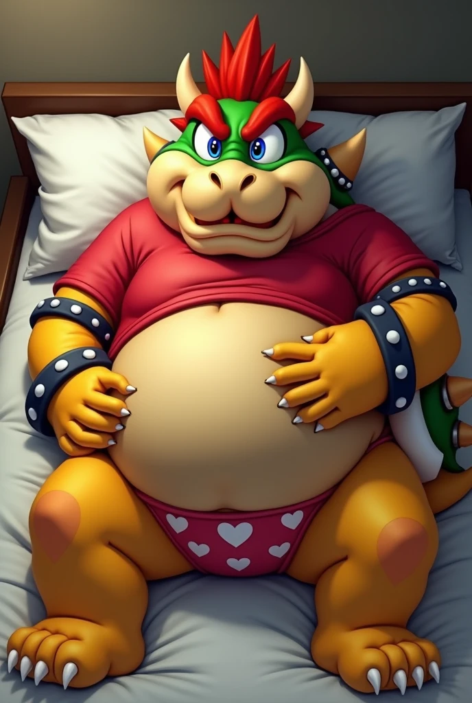 Bowser from Super Mario, Extremely obese, chubby, embarrassed, huge round belly, big moobs, heart underpants, red tight short sleeves t-shirt, laying on a bed, one hand on the belly