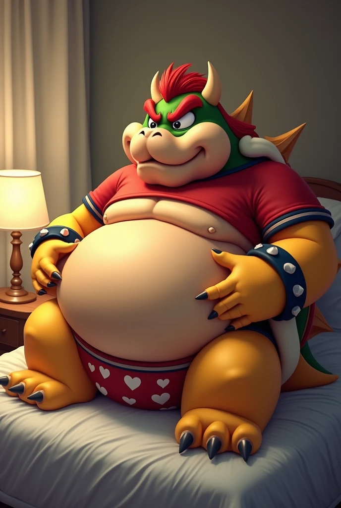 Bowser from Super Mario, Extremely obese, chubby, embarrassed, huge round belly, big moobs, heart underpants, red tight short sleeves t-shirt, laying on a bed, one hand on the belly