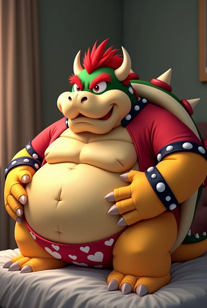 Bowser from Super Mario, Extremely obese, chubby, embarrassed, huge round belly, big moobs, heart underpants, red tight short sleeves t-shirt, laying on a bed, one hand on the belly