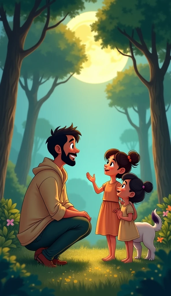 Scene 6: Ali Praising Minoo and Robi**  
   *Image Description:* Ali, with a proud smile, kneels down to speak to Minoo and Robi, who look up at him with beaming smiles. The background shows Windy watching protectively, her form gently glowing in the moonlight. The trees stand tall and healthy, symbolizing the success of their mission. The mood is tender and inspirational, highlighting the love and pride of a father for his daughters.creat an image for kids story 