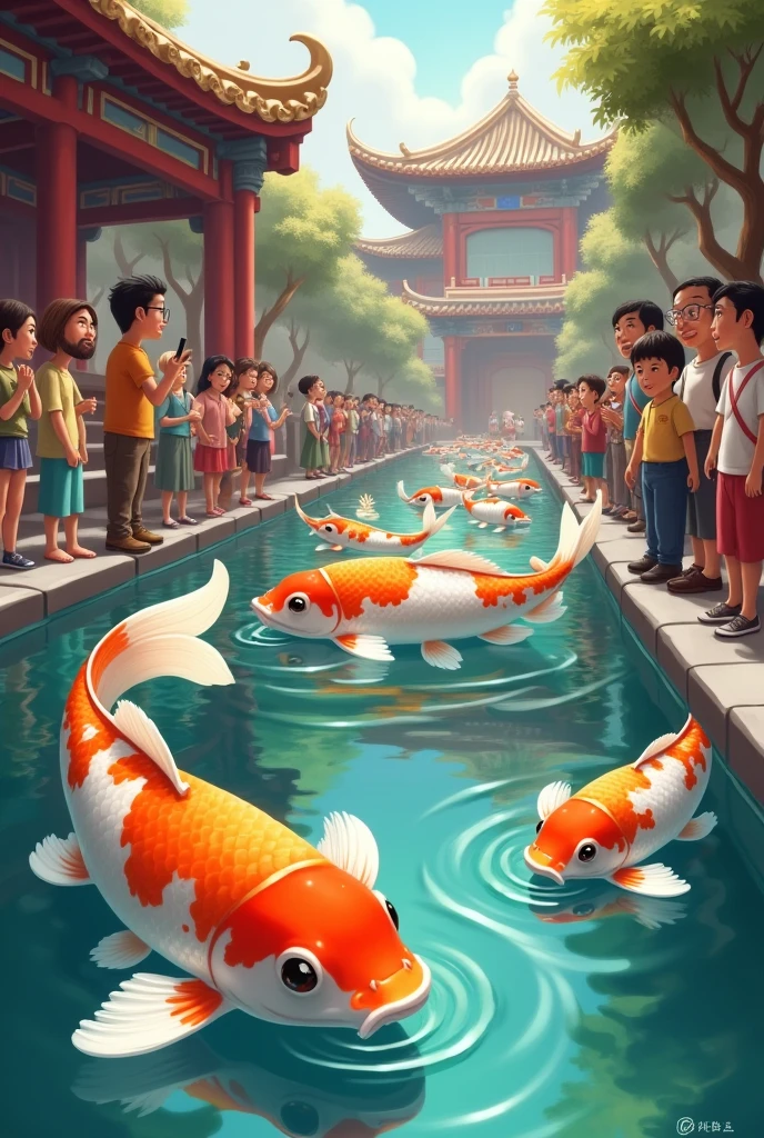 Orange and white fish in a lucky fountain, and people watching them around them