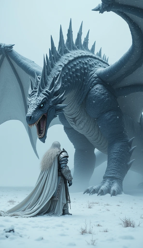 Generate an ultra-realistic 4K cinematic scene featuring an epic dragon standing beside a white-haired knight in a snow-covered landscape. The dragon is massive, with scales shimmering in dark, icy tones, and it’s exhaling a cloud of frosty breath. The knight, clad in silver armor with intricate detailing, has flowing white hair that contrasts against the heavy snowfall. The atmosphere is dramatic and intense, with the snowstorm creating a sense of epic struggle. The lighting should highlight the dragon’s fierce eyes and the knight’s determined expression, enhancing the overall sense of grandeur and tension in the scene