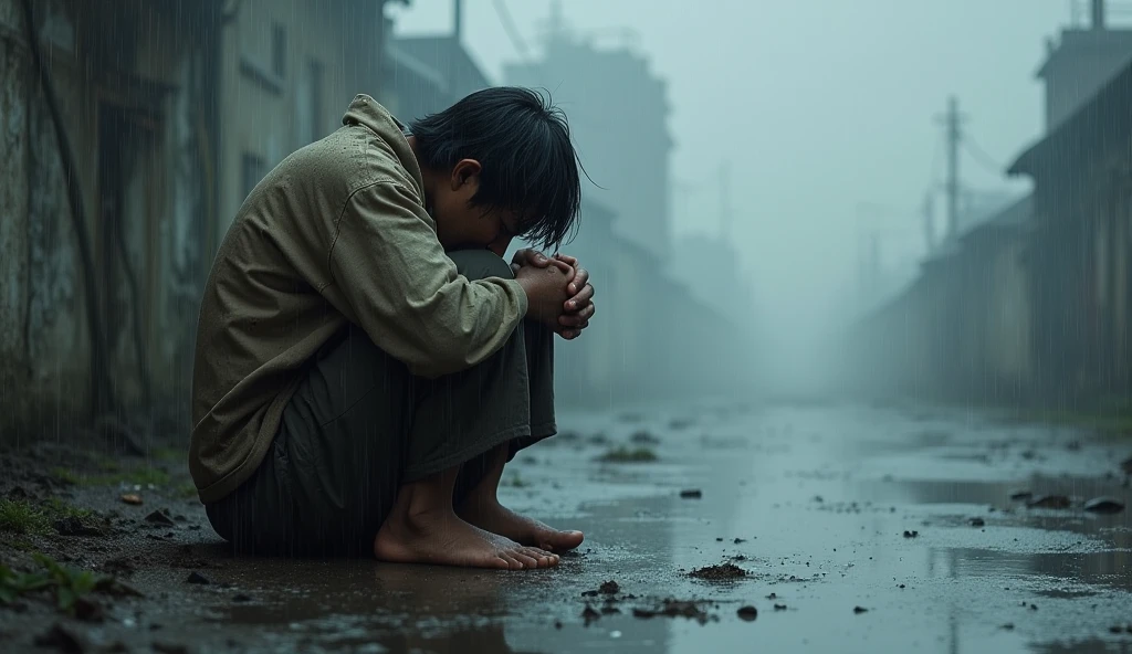 poor，Poor China sitting on the ground in the rain，Hands on knees