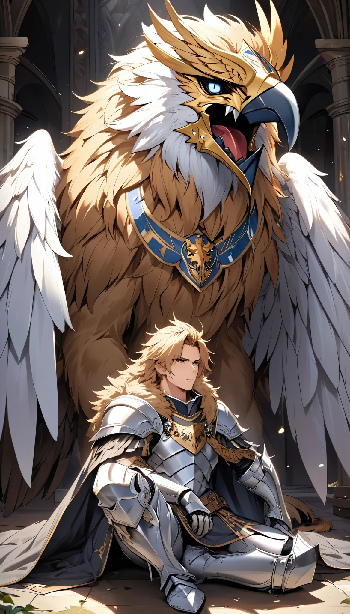 Fantastic mythical fantasy, Holy Knight, Eagle-head helmet, Lion mane decoration, A cloak woven from lion fur, Eagle wings growing from his body, An absurd mistake, Griffon&#39;s Protection, BREAK Create a character that is an aesthetic fusion with Griffin, Granting Divine Charm, Transparency that maintains originality, Dynamic combat motions, 