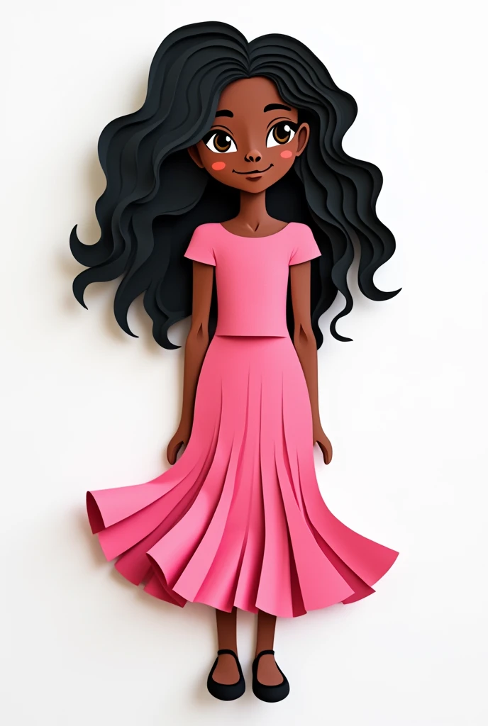 Create a layered paper art of a black girl with wavy black hair dressed in pink with little black shoes on a white background