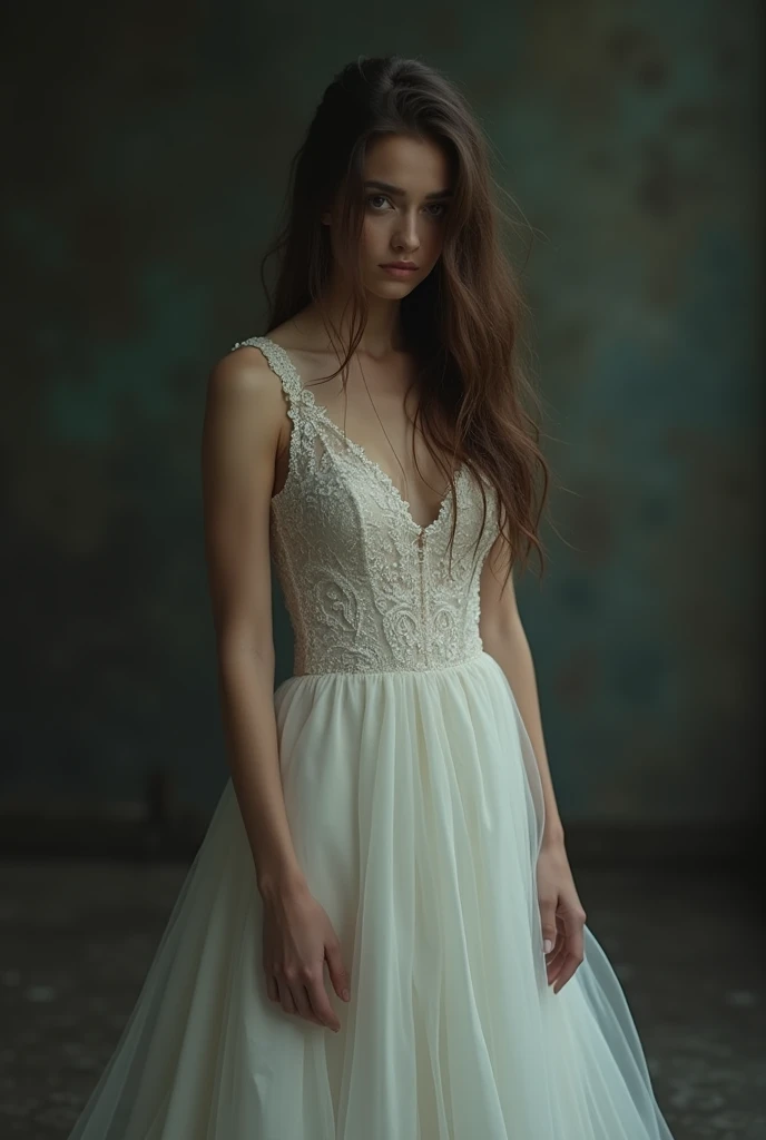  Standing Sad Woman in Wedding Dress, full figure long brown hair