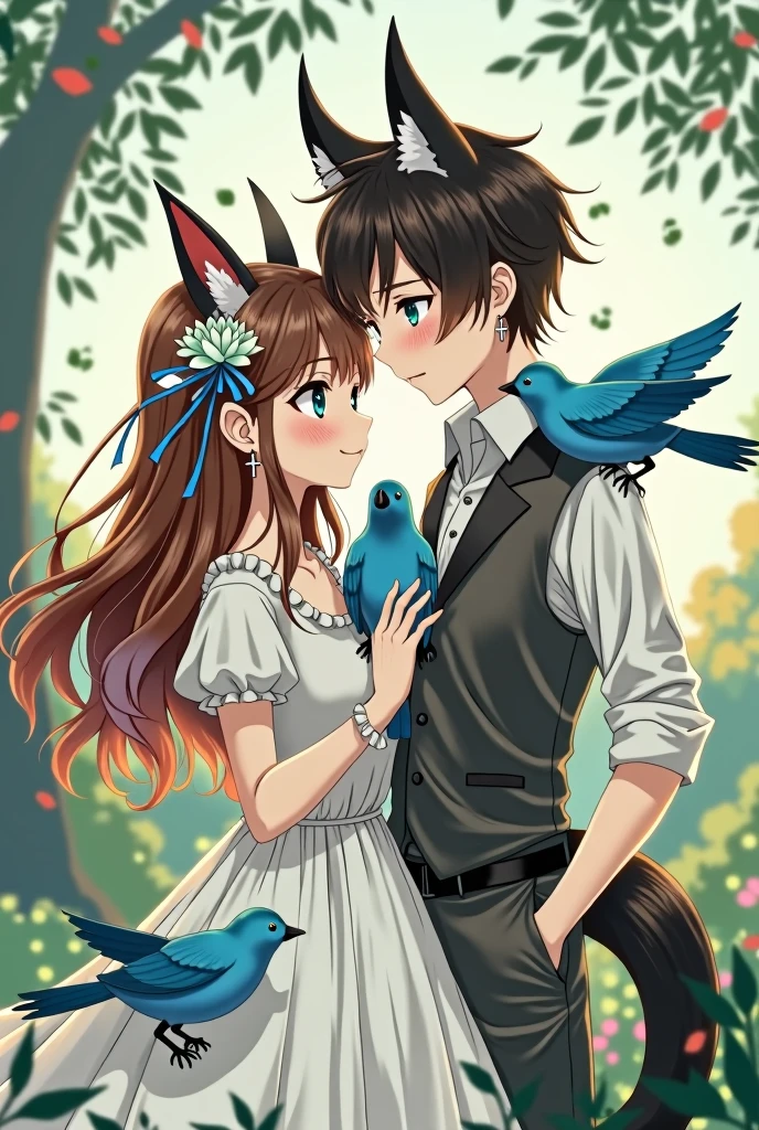 Brown-haired girl, sky blue birds, Baltic and black horn and black and white scorpion tail, with her brown-haired boyfriend, fox eyes , black tail, a cross earring in the ear anime