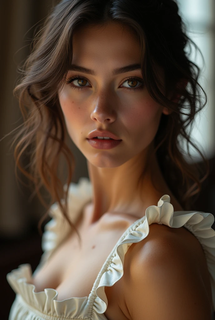 of the highest quality、photorealistic、8k、High resolution、1 girl、 woman、sexy , (De in the skin)、(Professional lighting)、(portrait:0.6)、(maid clothes:1.7)、gorgeous、((Brown hair))、(medium hair:1.6) )、(Hair fluttering:1.4)、(1. girl looking at the camera:1)、((1. girl looking at the camera:1.6))、(1. girl looking at the camera)、photorealistic、(Bokeh Depth of field)、(portrait:0.6)、(dynamic pose:1.2)、masterpiece、complex、Dynamic、sharp focus、award-winning photo、software、(risa:1)、Yua Mika((very huge face bigger breasts:1.45))