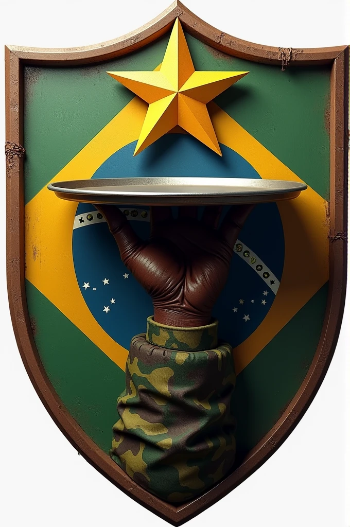 Shield with a hand in Brazilian army camouflage clothing holding an open waiter&#39;s tray with an army star floating on it