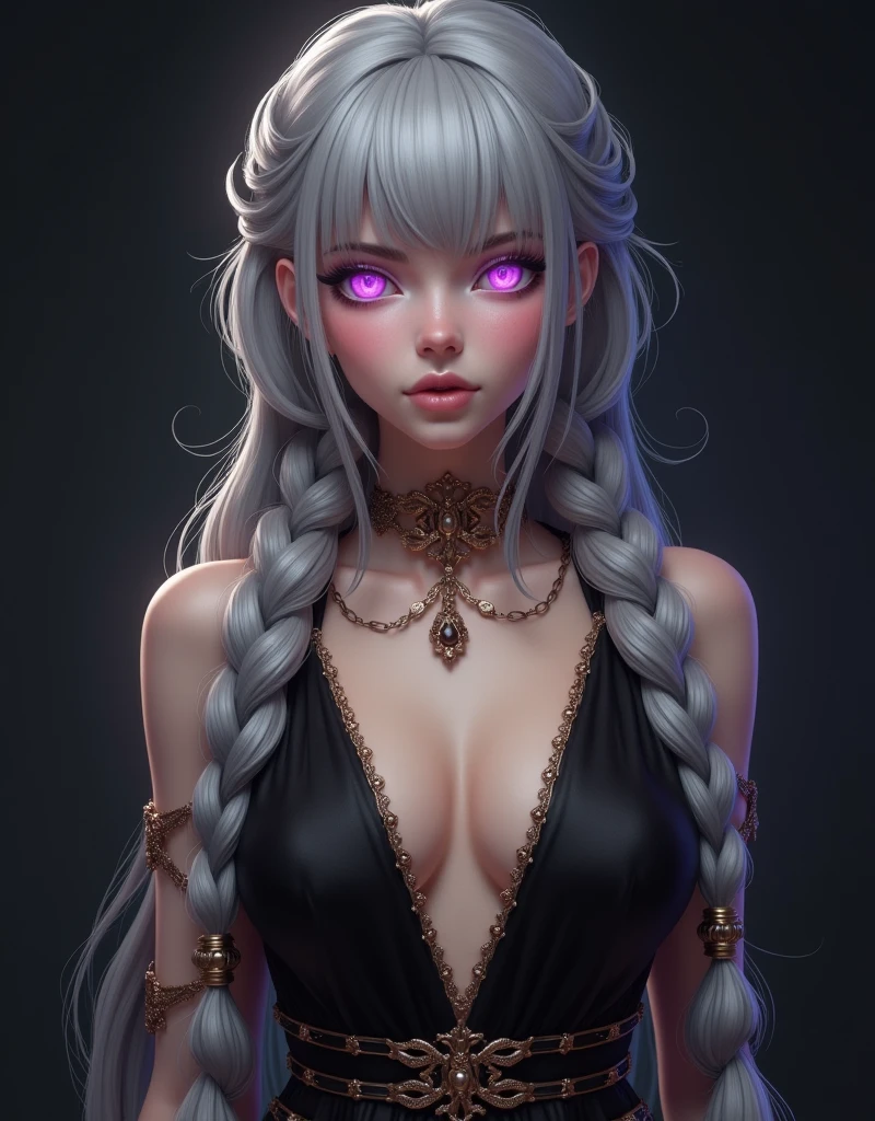 Create a virtual youtuber image, with long gray hair, braided, purple eyes, in a black dress with a low neckline and gold details, centered, symmetry, colored, difficult, Volumetric lighting, Beautiful, A masterpiece with rich, deep colours, Sharp Focus, Ultra detailed, in the style of Dan Mumford and Mark Simonetti, astrophotgraphy